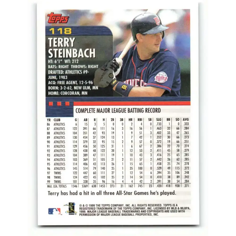 2000 Topps #118 Terry Steinbach EX Excellent Minnesota Twins Baseball Card - Baseball Card Single