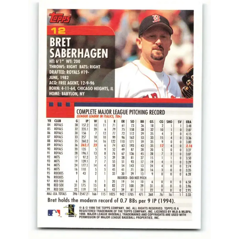 2000 Topps #12 Bret Saberhagen EX Excellent Boston Red Sox Baseball Card - Baseball Card Single