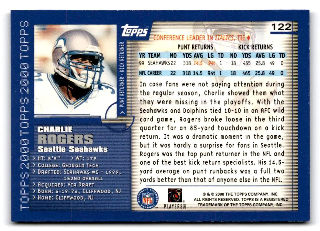 2000 Topps #122 Charlie Rogers - Football Card Single