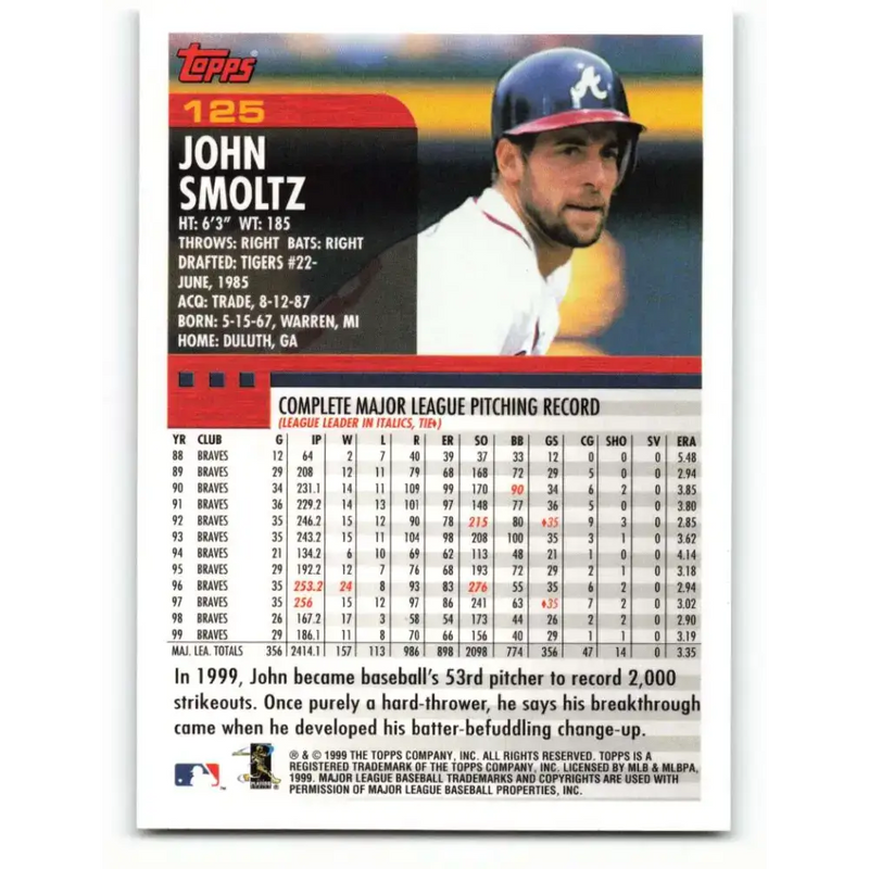2000 Topps #125 John Smoltz EX Excellent Atlanta Braves Baseball Card - Baseball Card Single