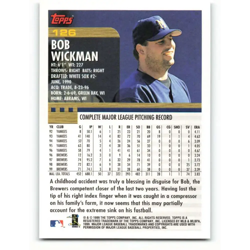 2000 Topps #126 Bob Wickman EX Excellent Milwaukee Brewers Baseball Card - Baseball Card Single