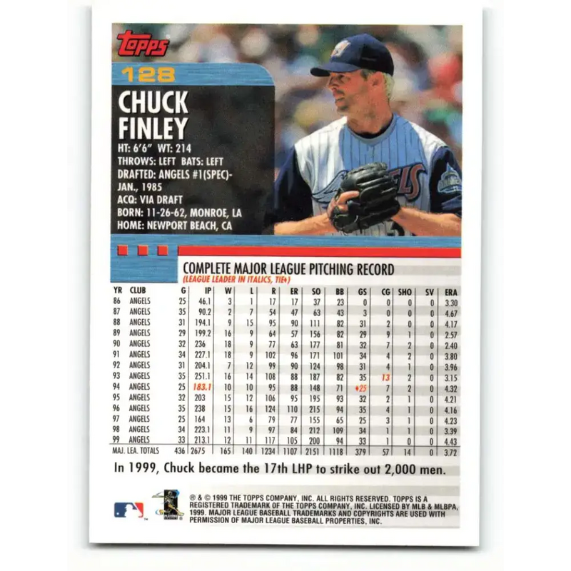 2000 Topps #128 Chuck Finley EX Excellent Anaheim Angels Baseball Card - Baseball Card Single