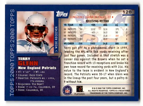 Back of 2000 Topps Terry Glenn Patriots trading card with original gloss display