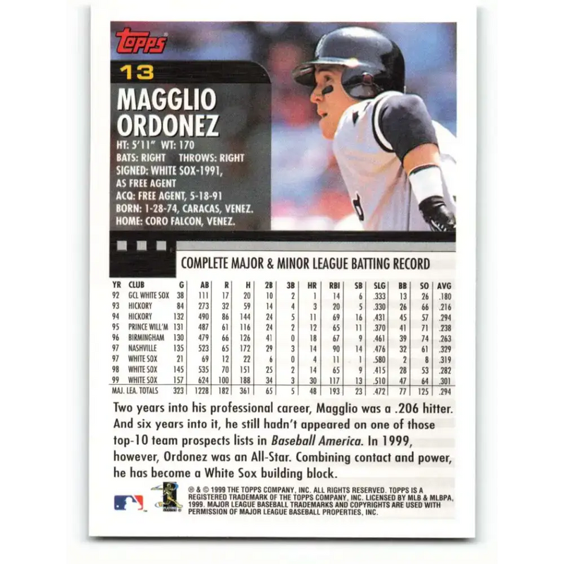 2000 Topps #13 Magglio Ordonez EX Excellent Chicago White Sox Baseball Card - Baseball Card Single