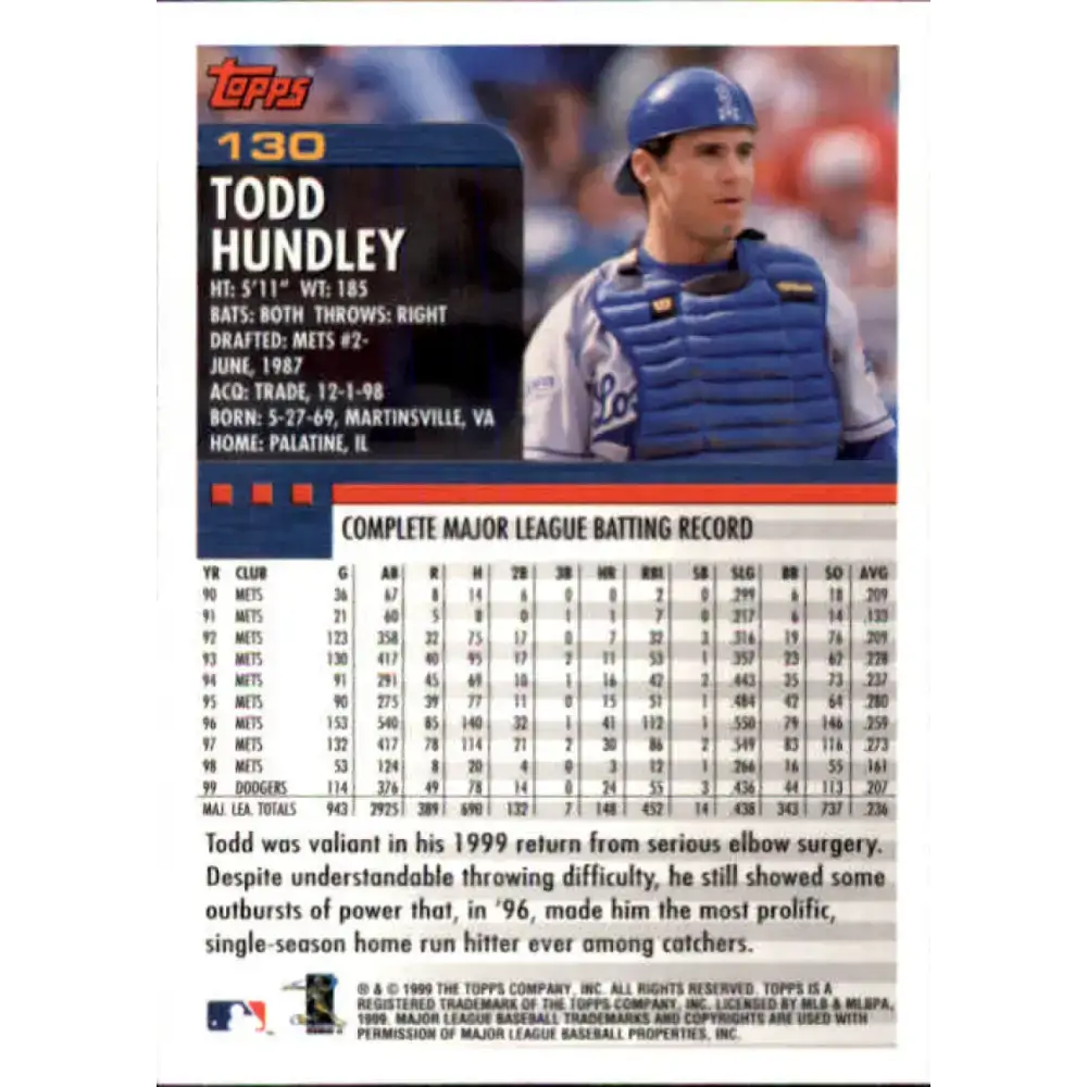 2000 Topps #130 Todd Hundley EX Excellent Los Angeles Dodgers Baseball Card - Baseball Card Single