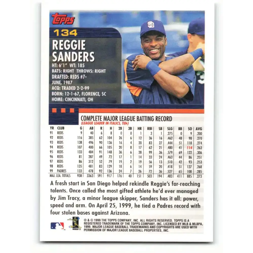 2000 Topps #134 Reggie Sanders EX Excellent San Diego Padres Baseball Card - Baseball Card Single