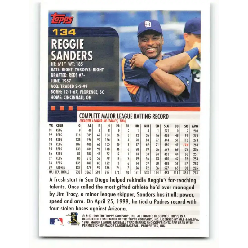 2000 Topps #134 Reggie Sanders EX Excellent San Diego Padres Baseball Card - Baseball Card Single
