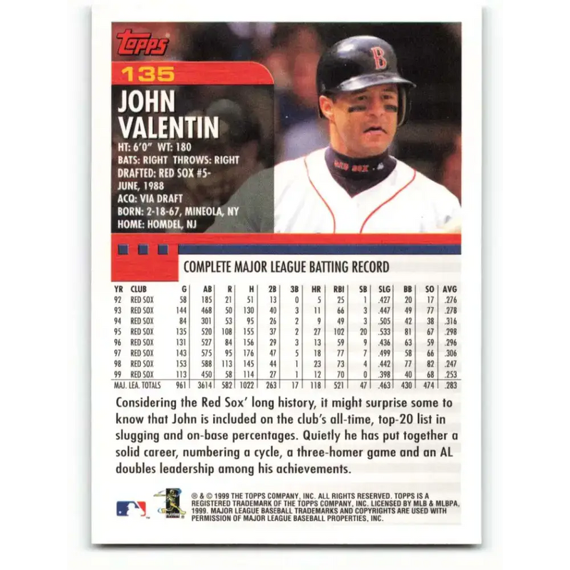 2000 Topps #135 John Valentin EX Excellent Boston Red Sox Baseball Card - Baseball Card Single