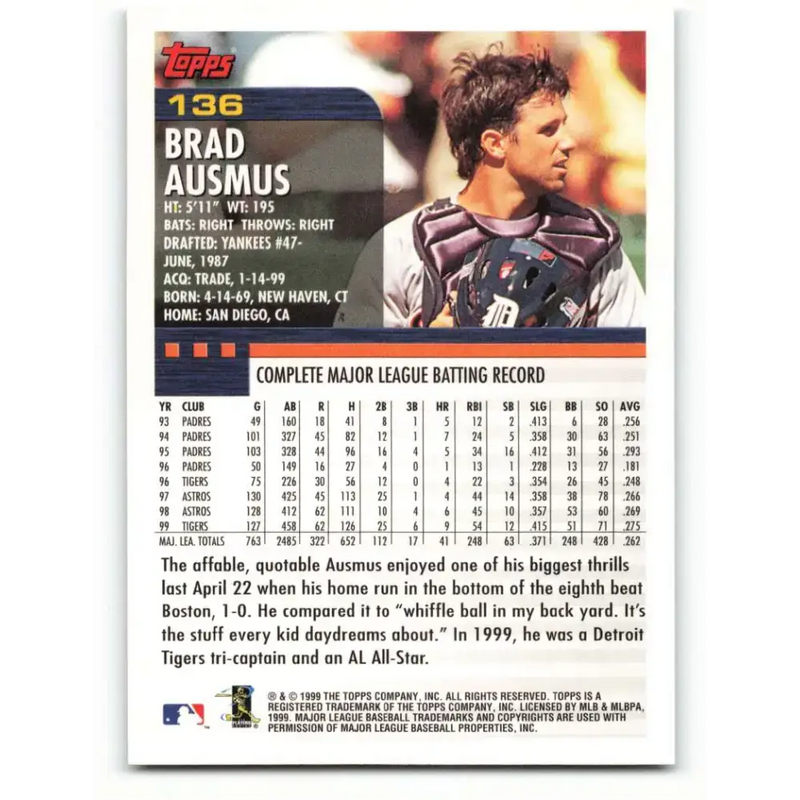 2000 Topps #136 Brad Ausmus EX Excellent Detroit Tigers Baseball Card - Baseball Card Single