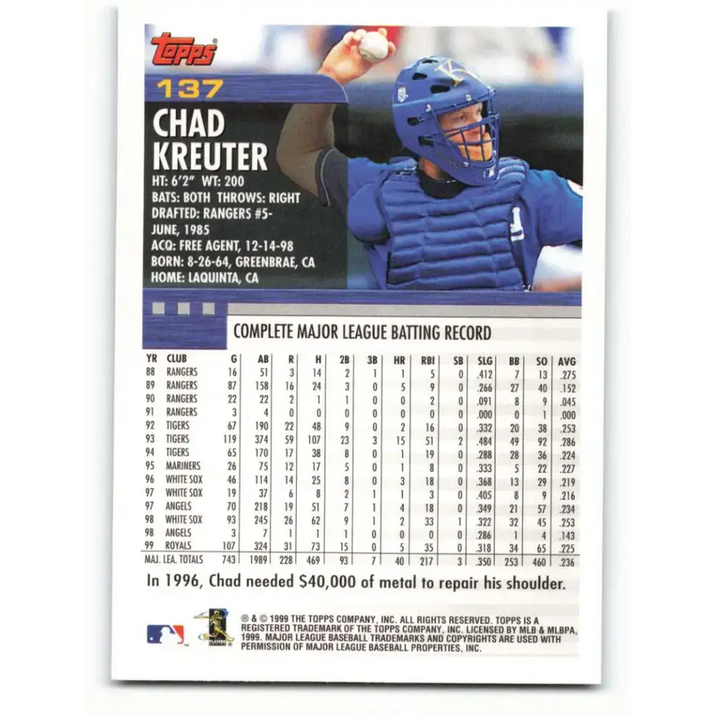 2000 Topps #137 Chad Kreuter EX Excellent Kansas City Royals Baseball Card - Baseball Card Single
