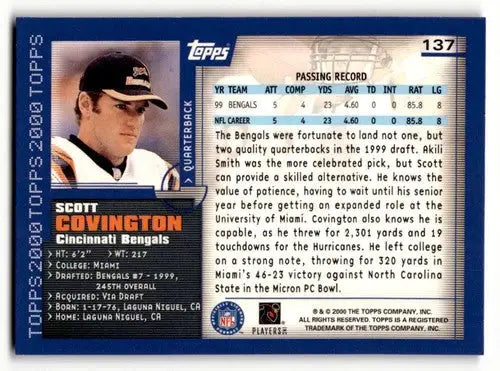 Original gloss Scott Covington Bengals football card from 2000 Topps #137