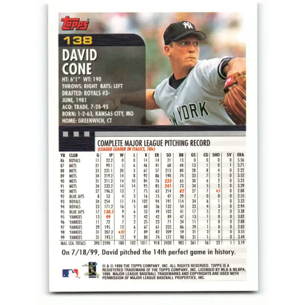 2000 Topps #138 David Cone EX Excellent New York Yankees Baseball Card - Baseball Card Single