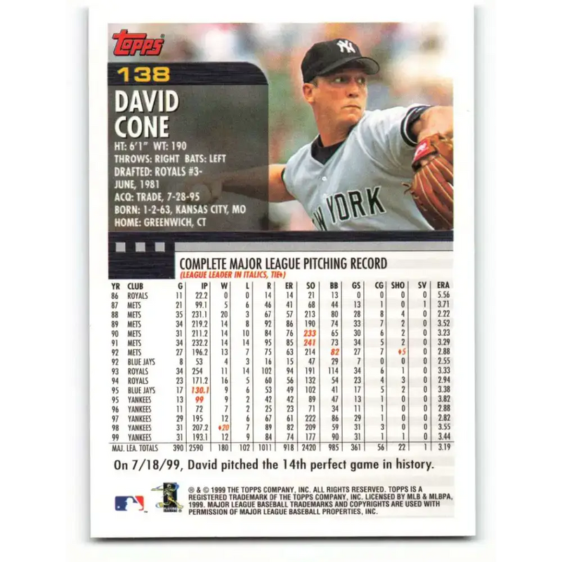 2000 Topps #138 David Cone EX Excellent New York Yankees Baseball Card - Baseball Card Single