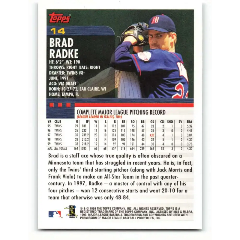2000 Topps #14 Brad Radke EX Excellent Minnesota Twins Baseball Card - Baseball Card Single