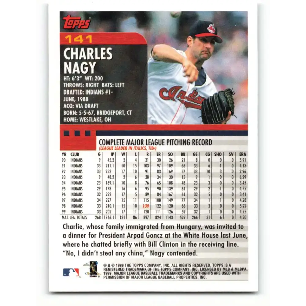 2000 Topps #141 Charles Nagy EX Excellent Cleveland Indians Baseball Card - Baseball Card Single