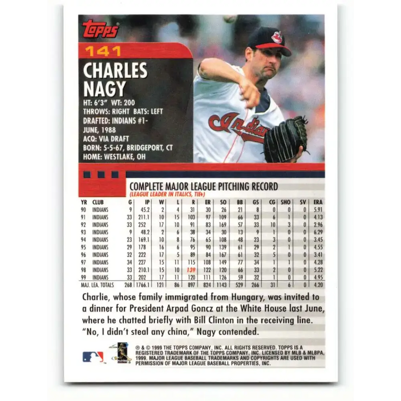 2000 Topps #141 Charles Nagy EX Excellent Cleveland Indians Baseball Card - Baseball Card Single