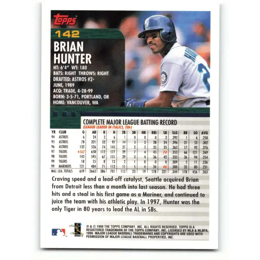 2000 Topps #142 Brian Hunter EX Excellent Seattle Mariners Baseball Card - Baseball Card Single