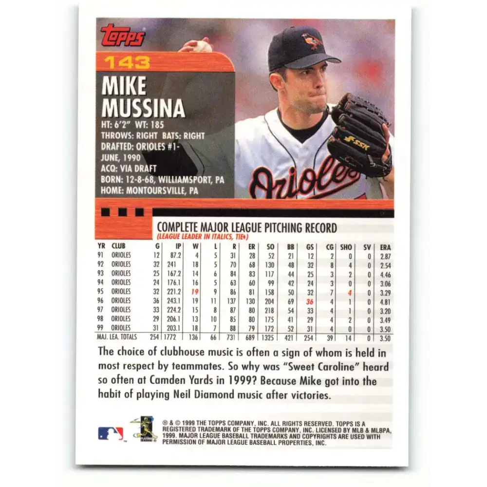 2000 Topps #143 Mike Mussina EX Excellent Baltimore Orioles Baseball Card - Baseball Card Single