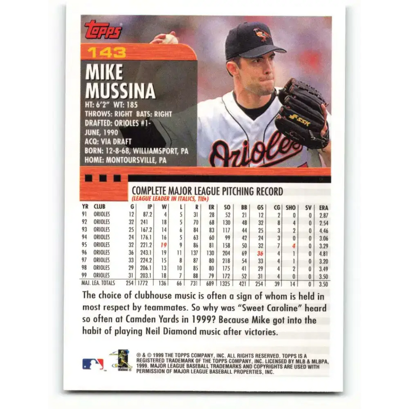 2000 Topps #143 Mike Mussina EX Excellent Baltimore Orioles Baseball Card - Baseball Card Single