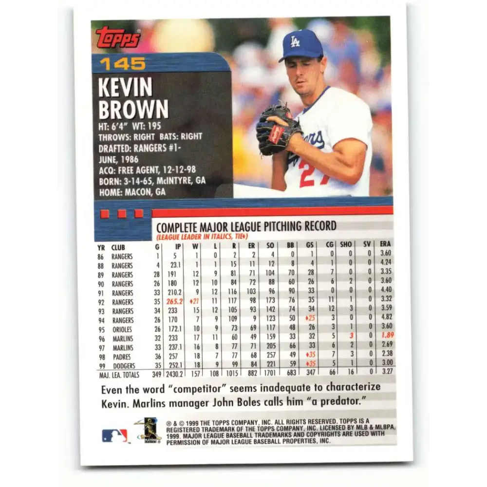 2000 Topps #145 Kevin Brown EX Excellent Los Angeles Dodgers Baseball Card - Baseball Card Single