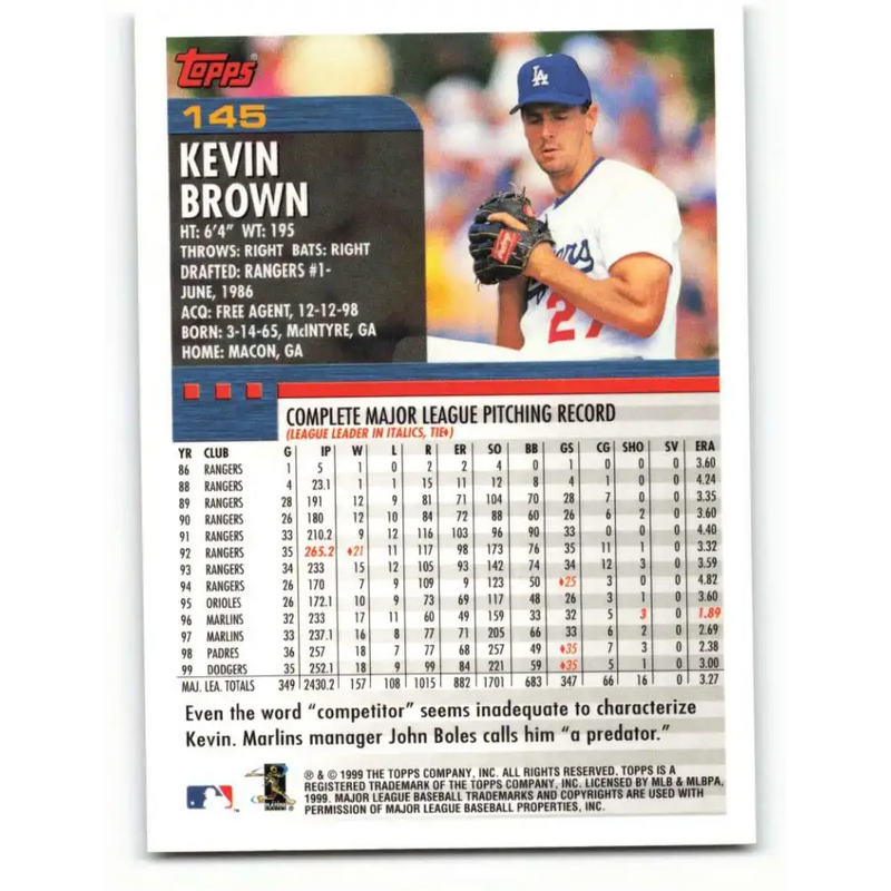 2000 Topps #145 Kevin Brown EX Excellent Los Angeles Dodgers Baseball Card - Baseball Card Single