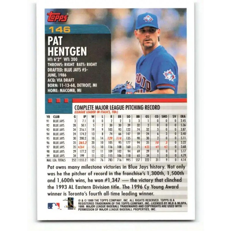 2000 Topps #146 Pat Hentgen EX Excellent Toronto Blue Jays Baseball Card - Baseball Card Single