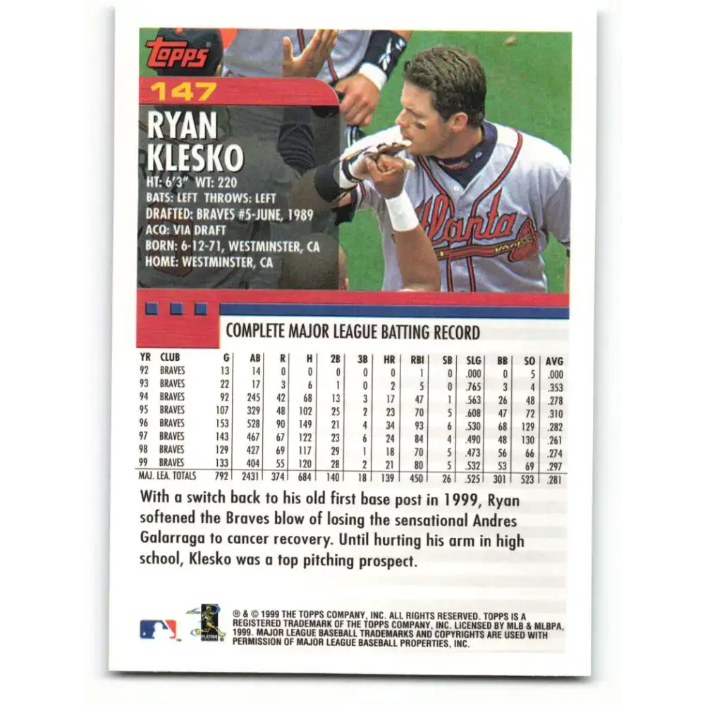 2000 Topps #147 Ryan Klesko EX Excellent Atlanta Braves Baseball Card - Baseball Card Single