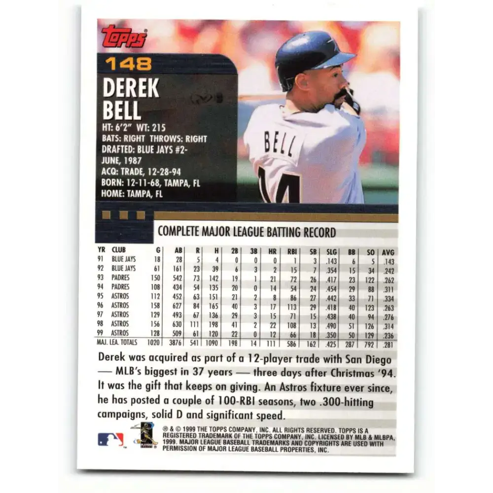 2000 Topps #148 Derek Bell EX Excellent Houston Astros Baseball Card - Baseball Card Single