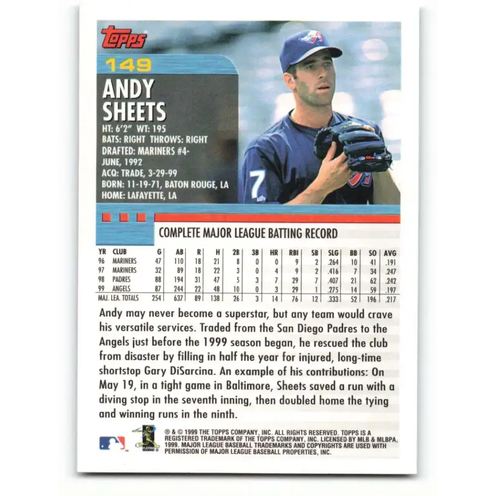 2000 Topps #149 Andy Sheets EX Excellent Anaheim Angels Baseball Card - Baseball Card Single