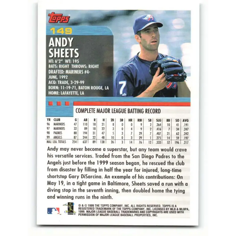 2000 Topps #149 Andy Sheets EX Excellent Anaheim Angels Baseball Card - Baseball Card Single