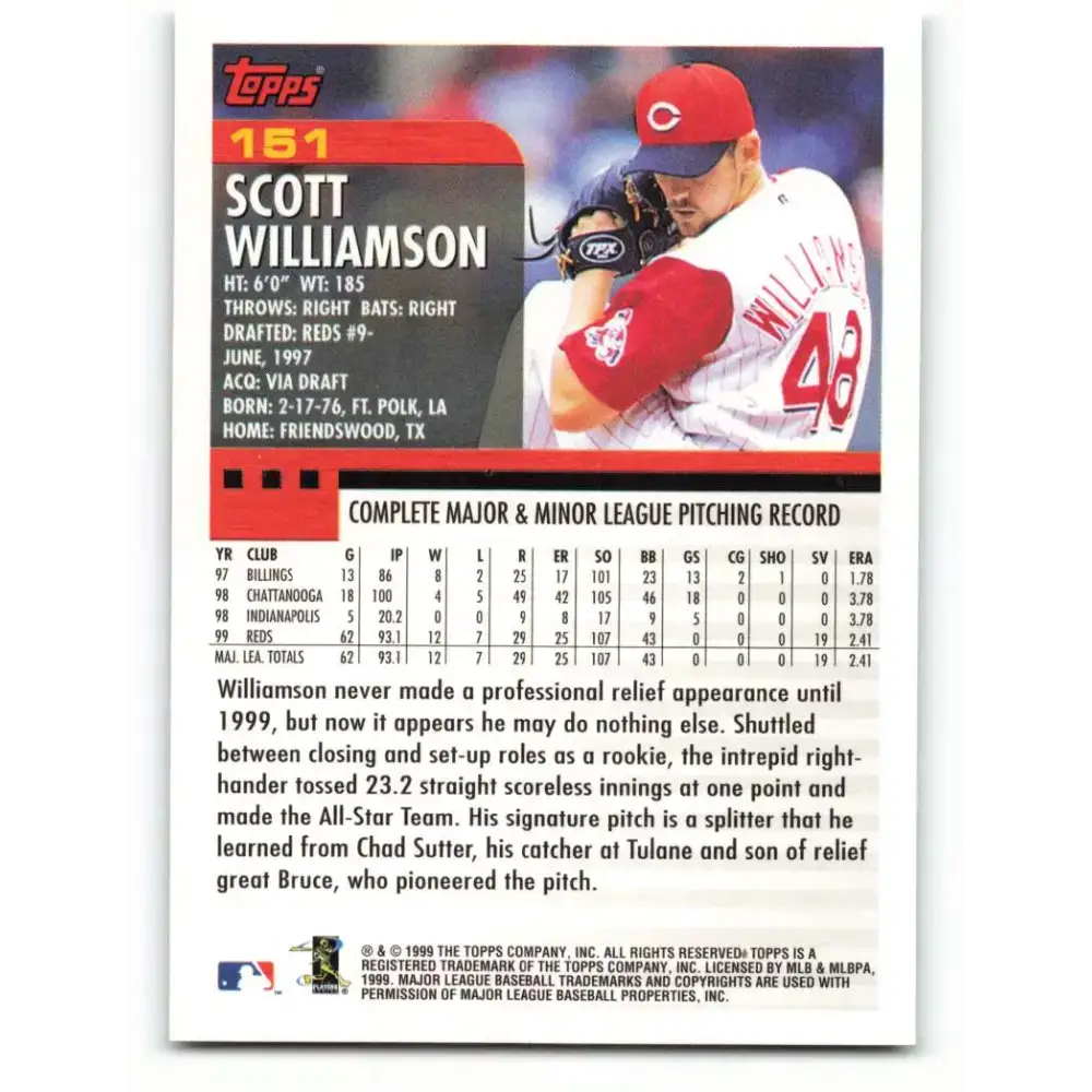 2000 Topps #151 Scott Williamson EX Excellent Cincinnati Reds Baseball Card - Baseball Card Single