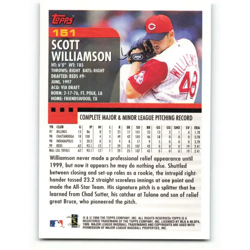 2000 Topps #151 Scott Williamson EX Excellent Cincinnati Reds Baseball Card - Baseball Card Single
