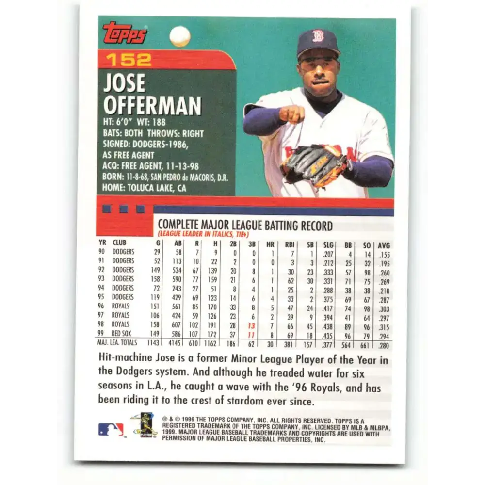2000 Topps #152 Jose Offerman EX Excellent Boston Red Sox Baseball Card - Baseball Card Single