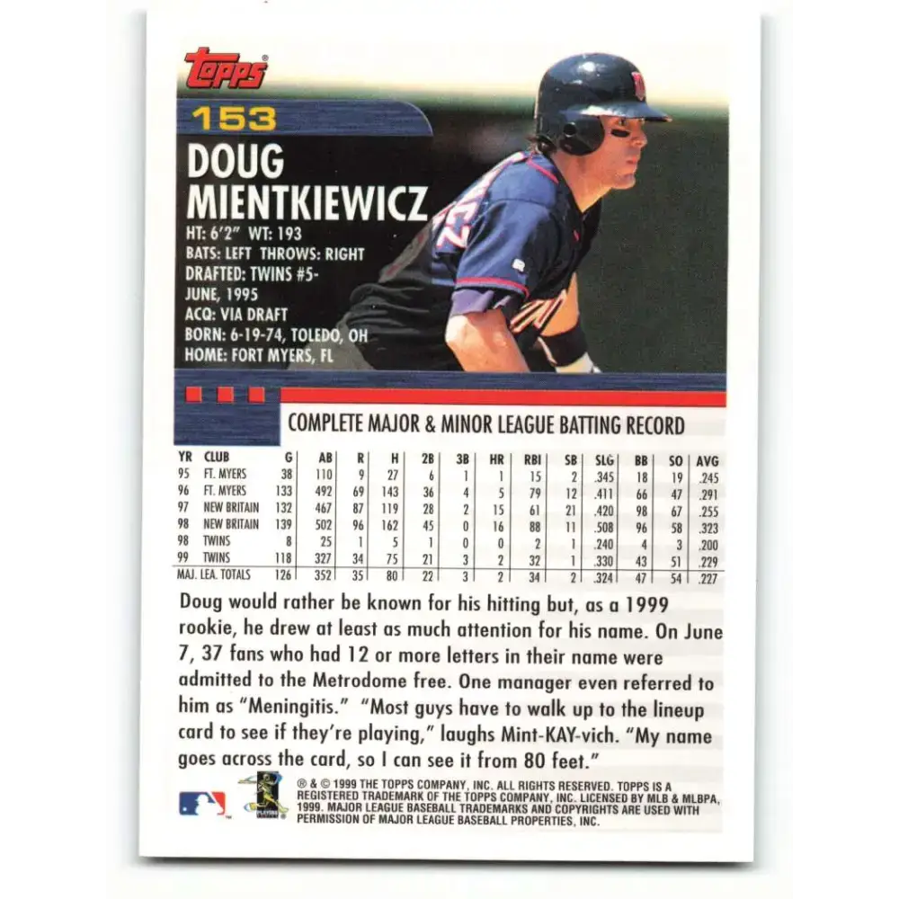 2000 Topps #153 Doug Mientkiewicz EX Excellent Minnesota Twins Baseball Card - Baseball Card Single