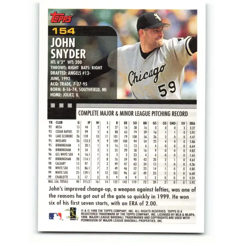 2000 Topps #154 John Snyder EX Excellent RC Rookie Chicago White Sox Baseball Card - Baseball Card Single