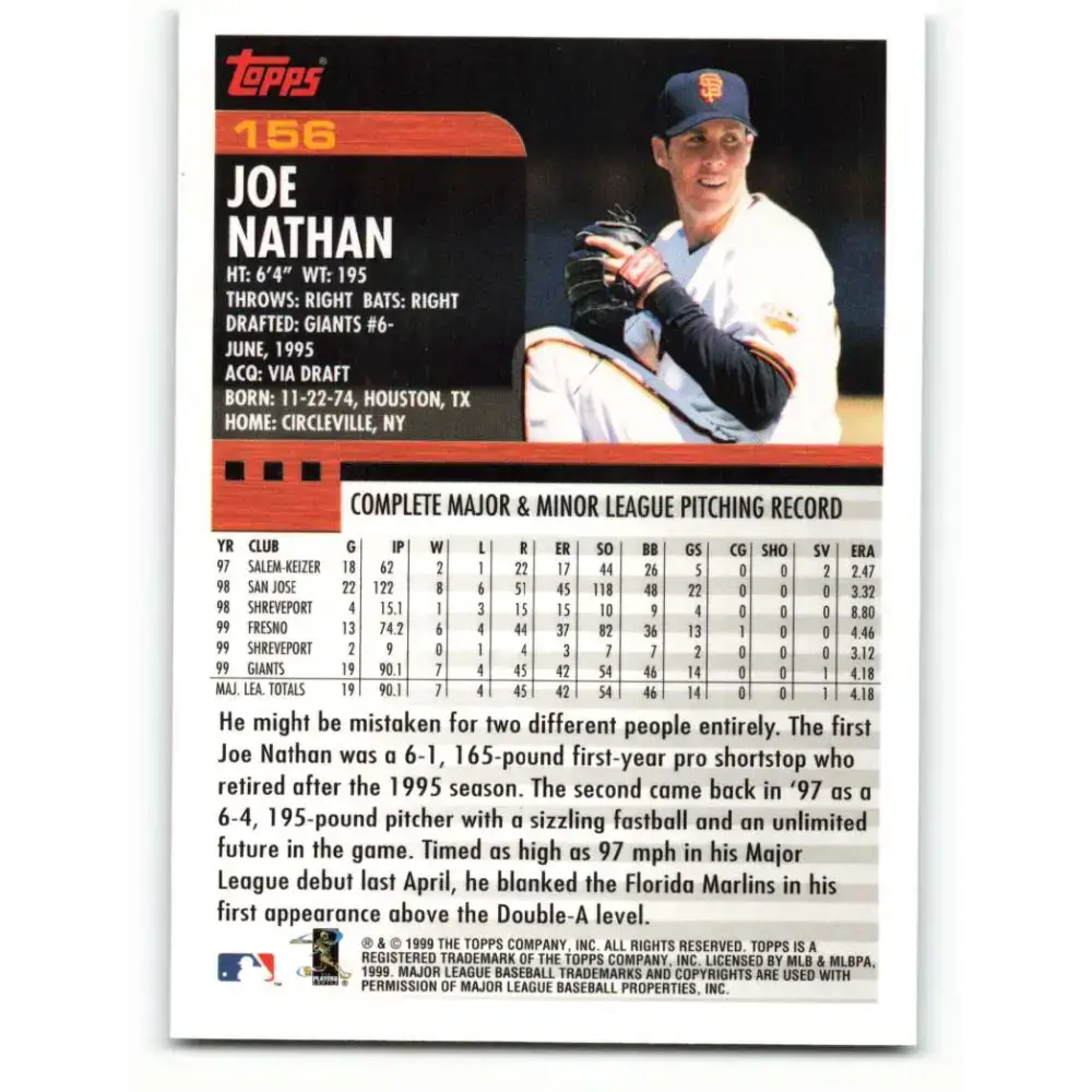 2000 Topps #156 Joe Nathan EX Excellent San Francisco Giants Baseball Card - Baseball Card Single