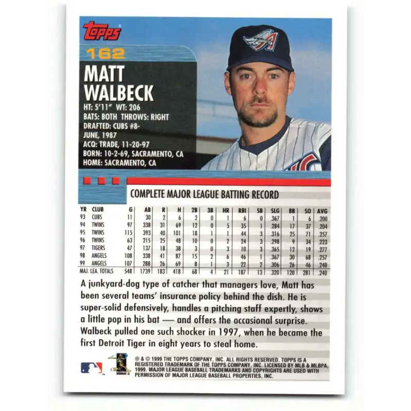 2000 Topps #162 Matt Walbeck EX Excellent Anaheim Angels Baseball Card - Baseball Card Single