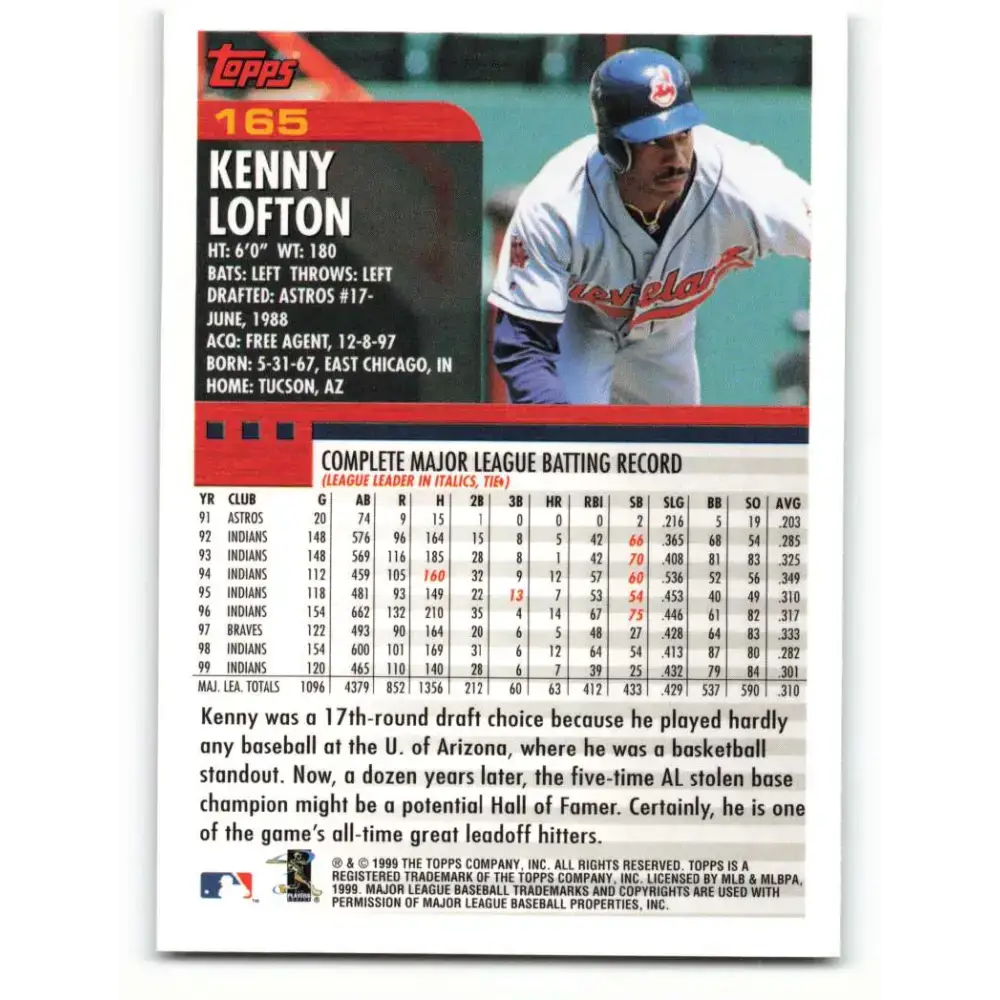 2000 Topps #165 Kenny Lofton EX Excellent Cleveland Indians Baseball Card - Baseball Card Single