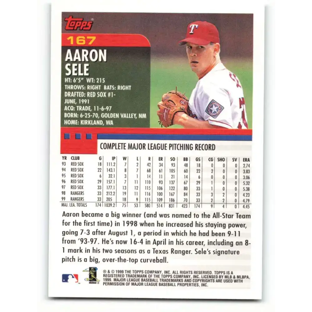 2000 Topps #167 Aaron Sele EX Excellent Texas Rangers Baseball Card - Baseball Card Single