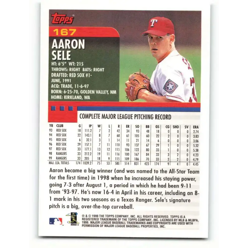 2000 Topps #167 Aaron Sele EX Excellent Texas Rangers Baseball Card - Baseball Card Single