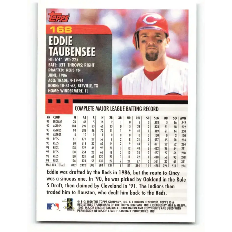 2000 Topps #168 Eddie Taubensee EX Excellent Cincinnati Reds Baseball Card - Baseball Card Single