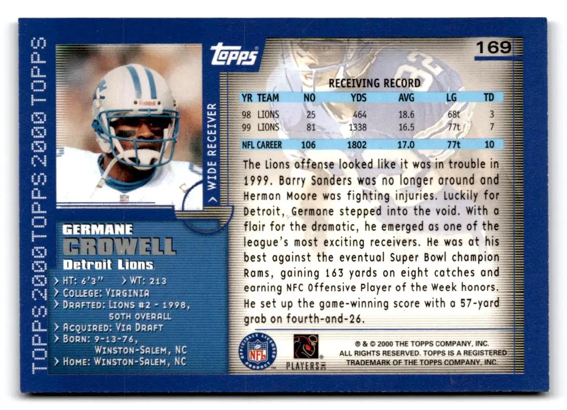 2000 Topps #169 Germane Crowell - Football Card Single