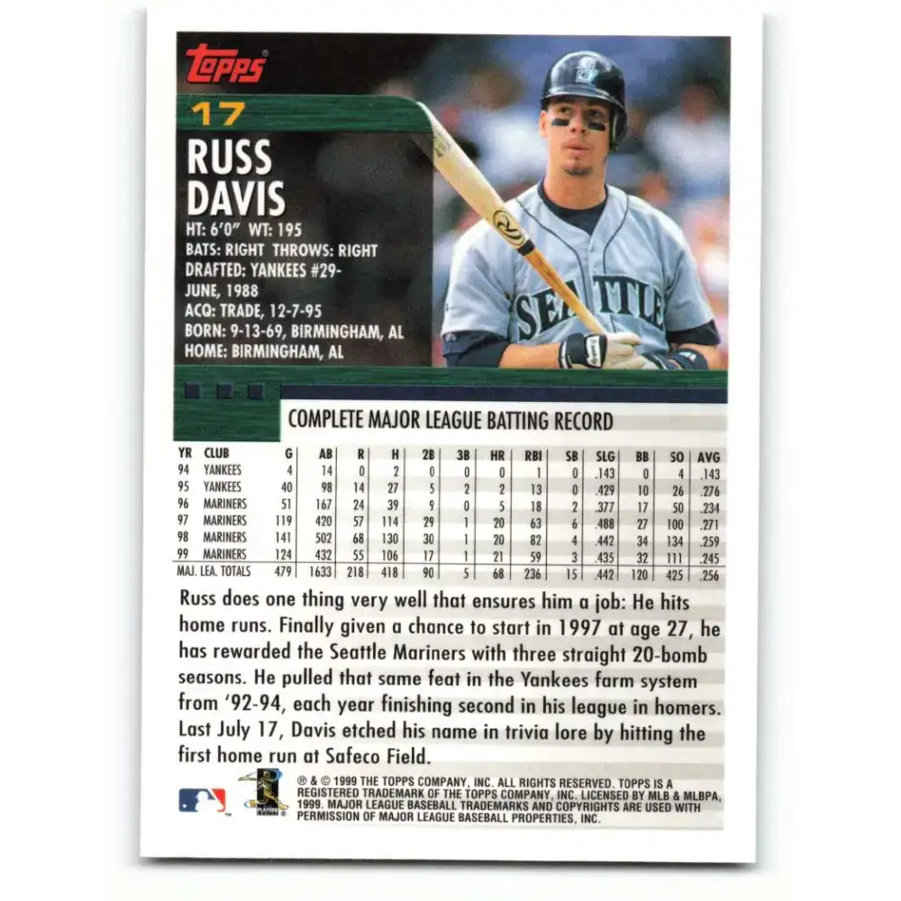 2000 Topps #17 Russ Davis EX Excellent Seattle Mariners Baseball Card - Baseball Card Single
