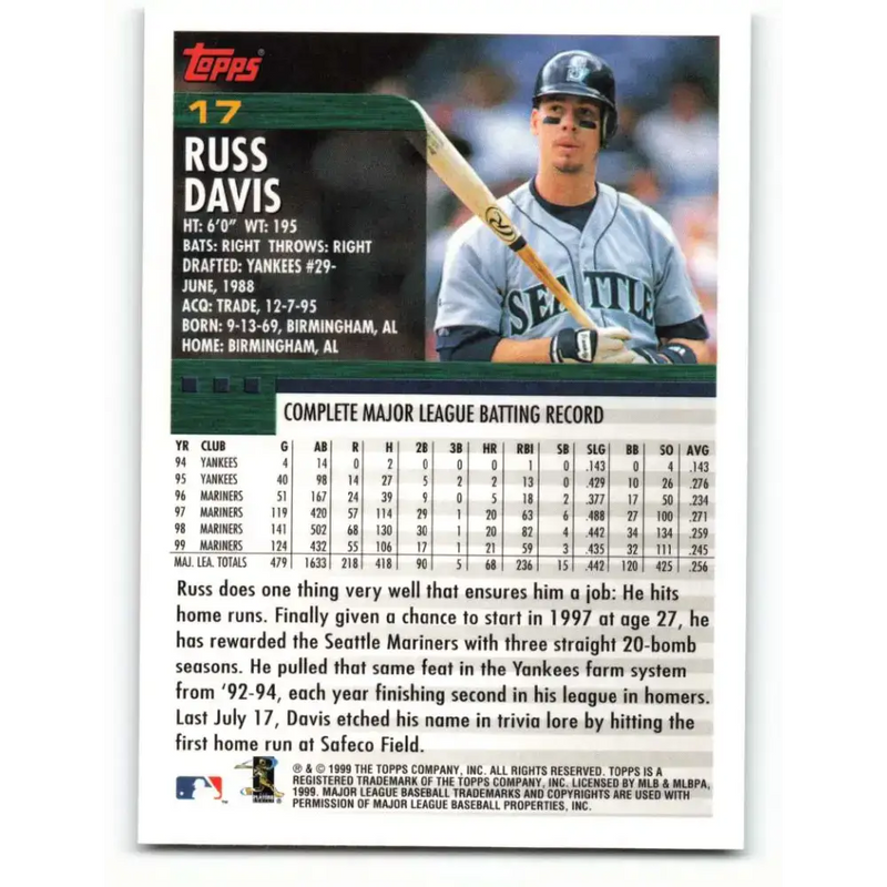 2000 Topps #17 Russ Davis EX Excellent Seattle Mariners Baseball Card - Baseball Card Single
