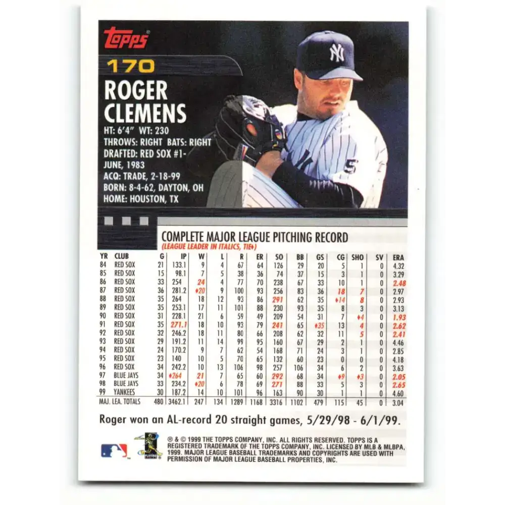 2000 Topps #170 Roger Clemens EX Excellent New York Yankees Baseball Card - Baseball Card Single