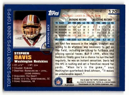 2000 Topps #170 Stephen Davis Washington Redskins Football Cards EX/ ID:61746 - Football Card Single