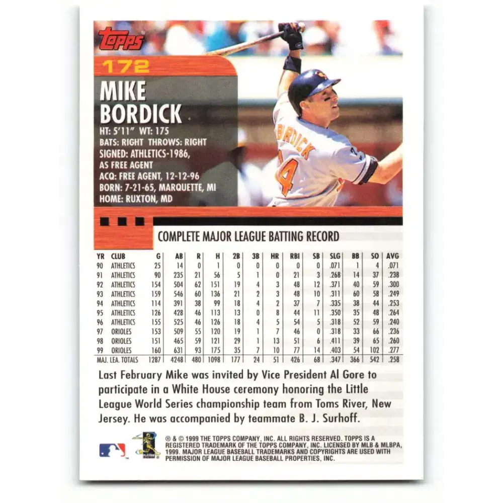 2000 Topps #172 Mike Bordick EX Excellent Baltimore Orioles Baseball Card - Baseball Card Single