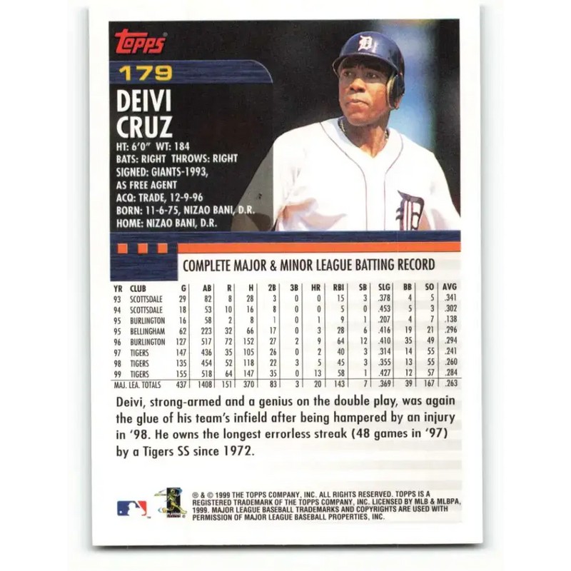 2000 Topps #179 Deivi Cruz EX Excellent Detroit Tigers Baseball Card - Baseball Card Single