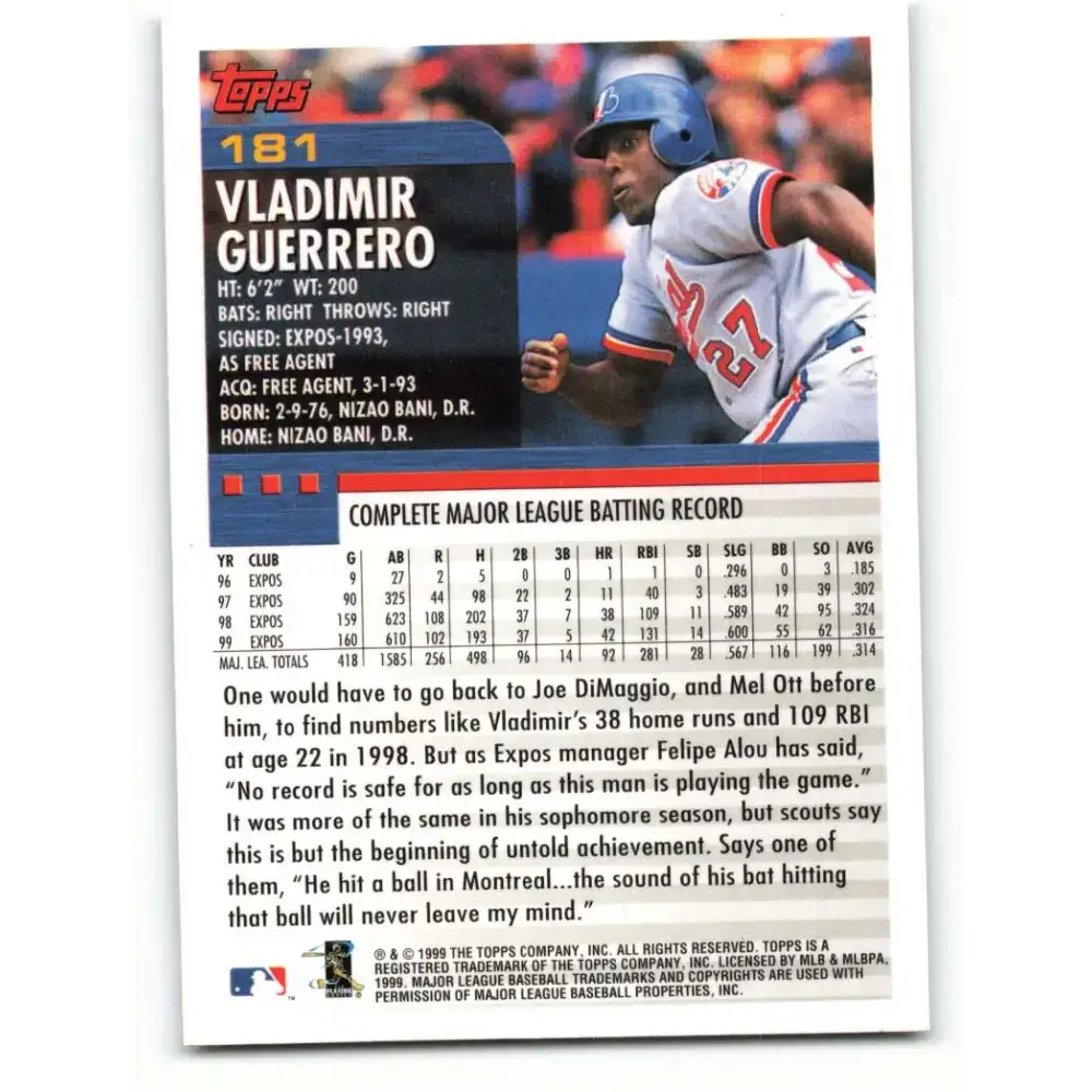 2000 Topps #181 Vladimir Guerrero EX Excellent Montreal Expos Baseball Card - Baseball Card Single