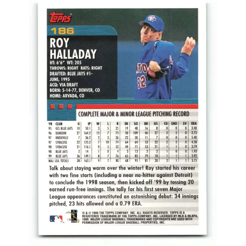 2000 Topps #186 Roy Halladay EX Excellent Toronto Blue Jays Baseball Card - Baseball Card Single